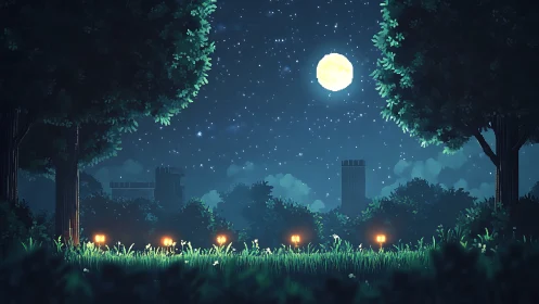 Luminous Night Scene: Moonlit Forest with Distant Towers.
