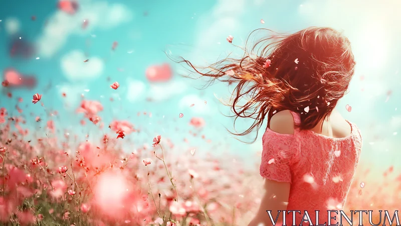 Girl in pink dress in poppy field under bright blue sky.