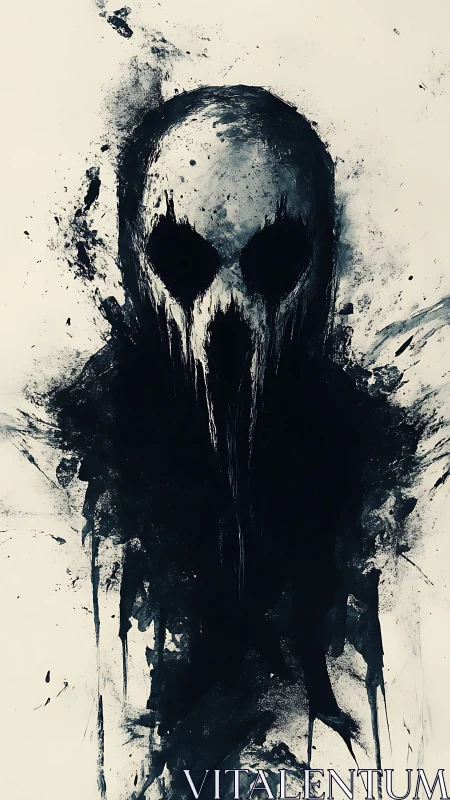 Ink-spattered wraith skull drips from a stark pale void.