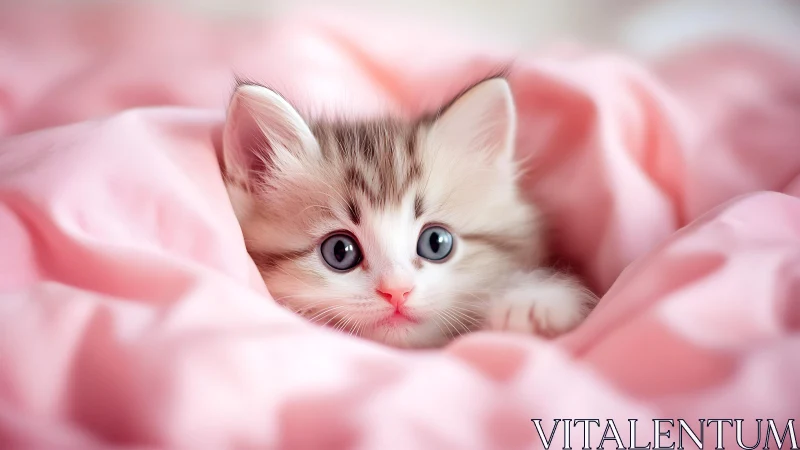 Kitten Nestled in Pink Blanket.