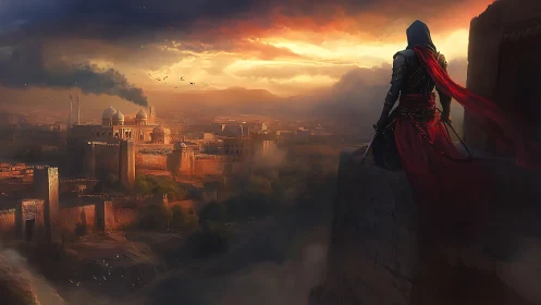 Hooded rogue overlooks ancient desert city at sunset.