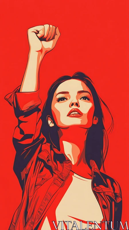 Defiant woman raising fist in bold red vector poster art.