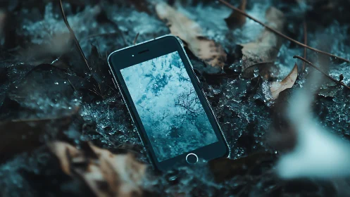 Smartphone lying on icy ground with fallen leaves.