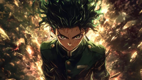 Intense anime hero channels explosive cosmic energy storm.