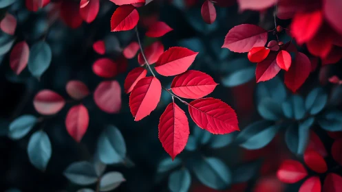 Crimson leaf constellation against dreamy teal understory.
