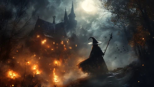 Moonlit witch confronts a burning haunted manor in swirling smoke
