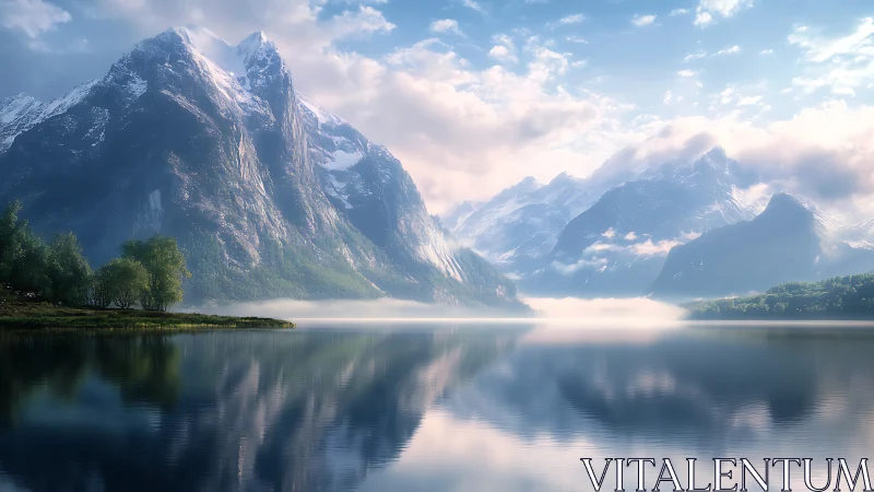 Peaceful mountain lake wrapped in soft morning light.