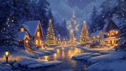 Snowy village glowing with cozy holiday lights at dusk.