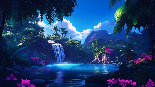 Luminous tropical waterfall lagoon glows beneath vivid skies