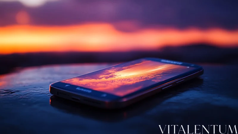 Smartphone reflects glowing sunset in vivid twilight hues.
