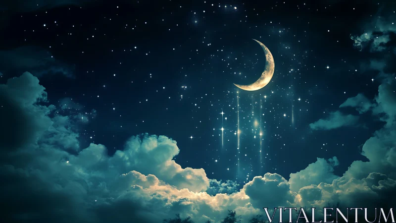 Crescent moon above illuminated clouds in starry night sky.