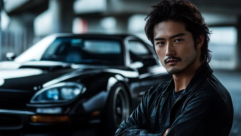 Confident driver stands before sleek black sports car at dusk