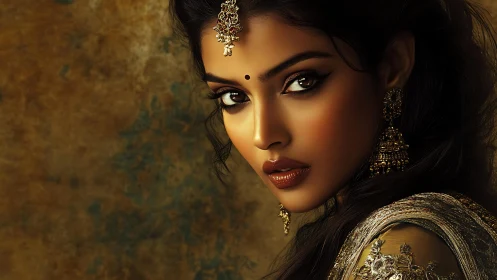 Portrait of woman in gold jewelry against textured wall