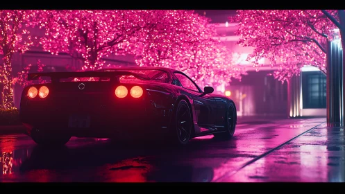 Sports car under neon pink cherry blossom lights at night.