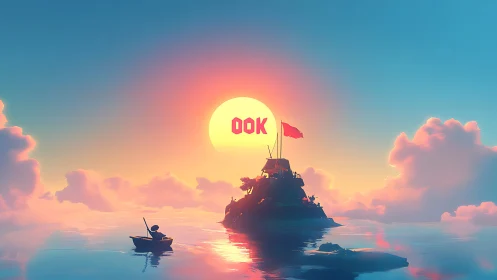 Solitary Navigator Approaching Summit Isle Under Luminescent Celestial Sphere.