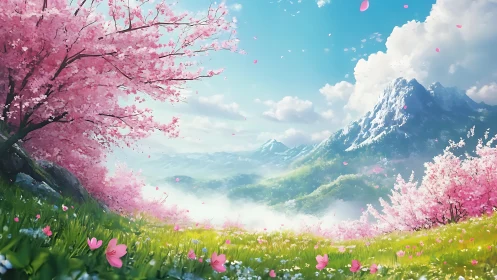 Cherry blossoms frame luminous spring valley panorama.