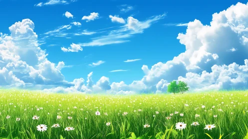 Grassy field with clouds and distant trees under blue sky.