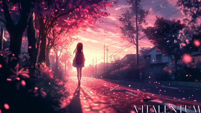 Backlit figure walks along tree-lined residential street