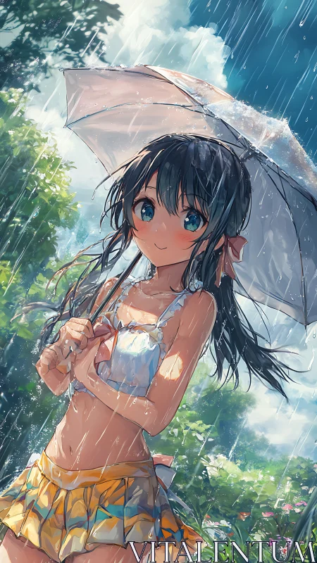 Anime girl in summer rain holding umbrella in garden