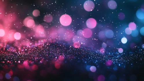 Glittering bokeh lights shimmer over neon cosmic dust.