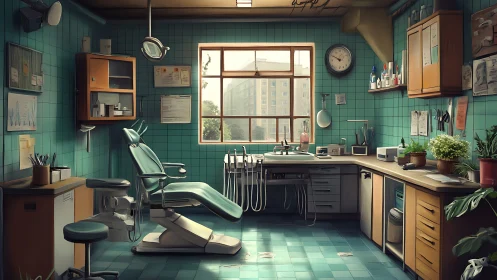 Sunlit vintage dental room with plants and quiet charm.