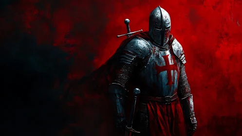 Armored crusader knight stands against intense red backdrop.