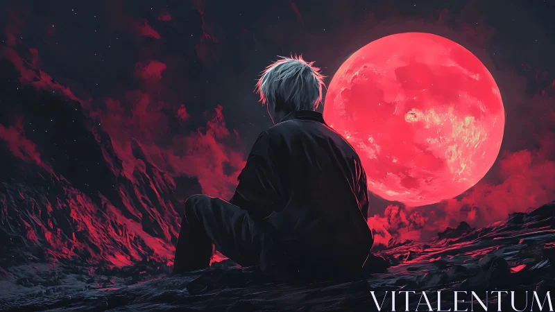 Solitary figure under hyper-saturated crimson lunar horizon
