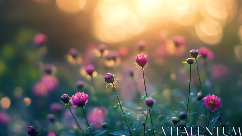 Pink Peonies with Buds at Golden Hour in Soft Focus