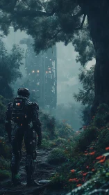 Solitary recon android surveying industrial tower in misted forest