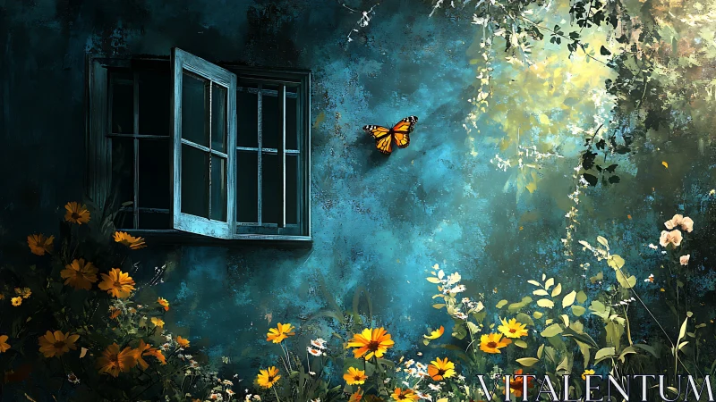 Butterfly vector over teal façade with luminous floral foreground.