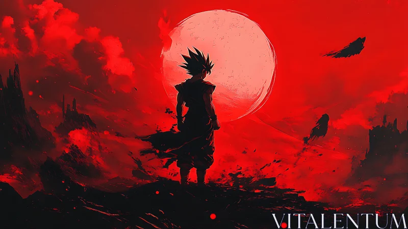 Digital painting silhouette against apocalyptic crimson moonscape.