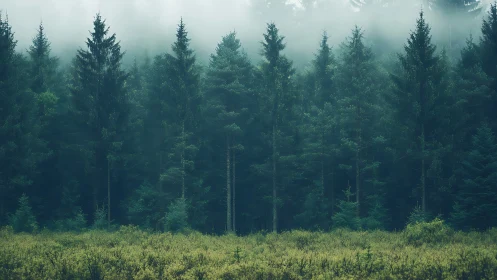 Misty evergreen forest with dense pines and tranquil atmosphere.