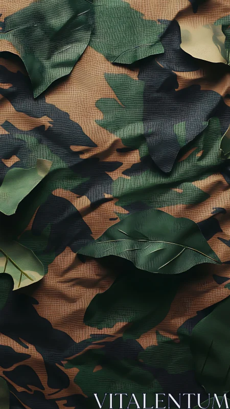 Camouflage fabric with layered green leaves texture design.