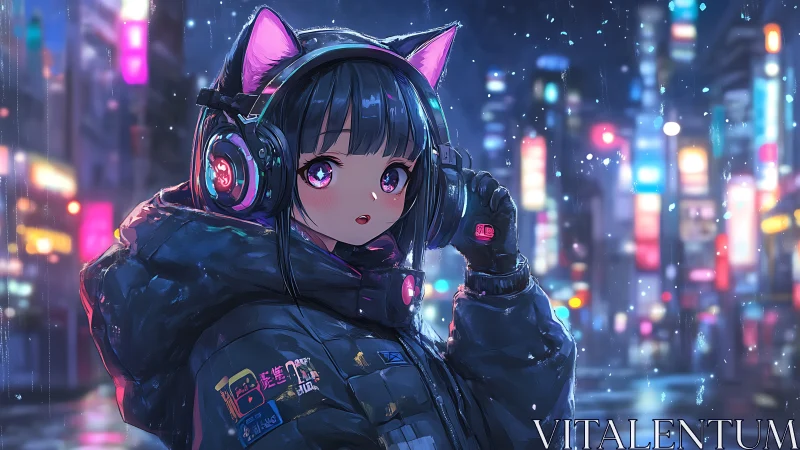 Neon city catgirl in oversized jacket under night rain.