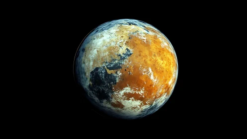 Digital rendering of textured orange and blue planet surface.