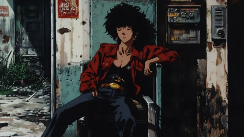 Lone alley throne of the red‑jacketed drifter kingpin.