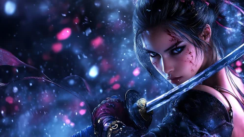 Battle-ready female warrior with sword in vivid blue light.