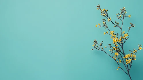 Minimalist branch with yellow flowers on turquoise background.