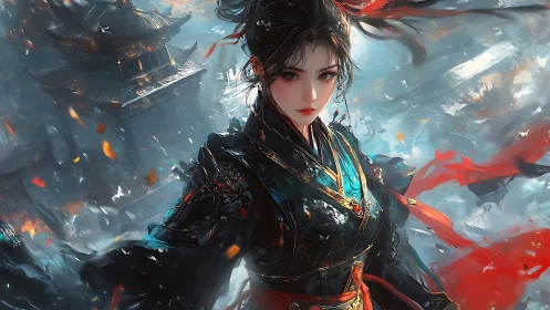 Warrior woman stands before stormy temple in flowing reds