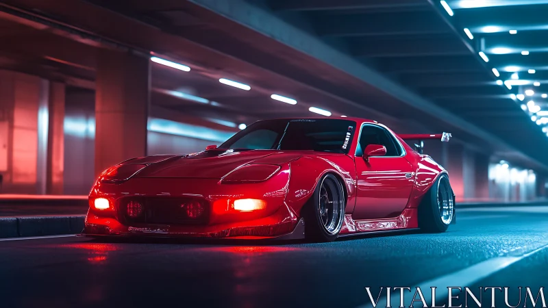 Scarlet street racer blazes through neon tunnel midnight.