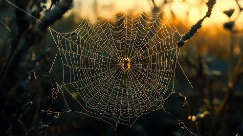 Spider and radial web backlit by low warm sunlight.