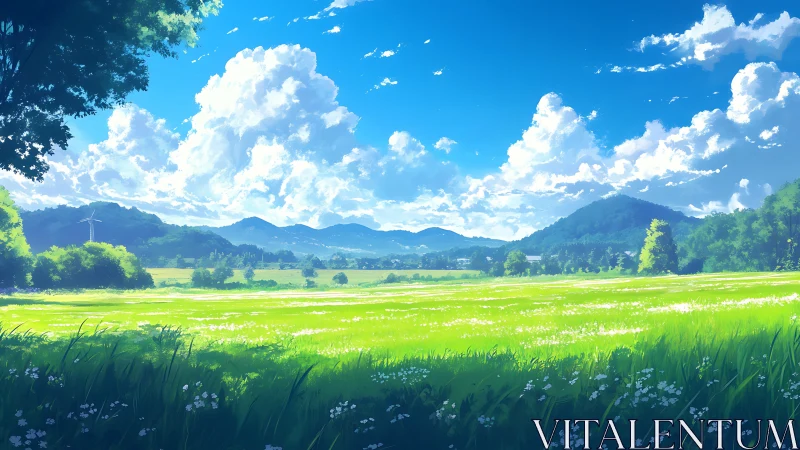 Sunlit meadow stretches beneath towering summer clouds.