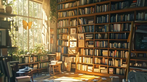 Sunlit private library with shelves, window, and scattered books.