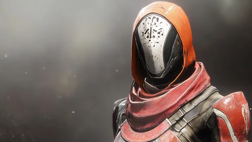 Futuristic armored sentinel with weathered orange combat helmet