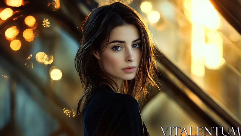 Woman stands in shallow depth portrait with warm bokeh light