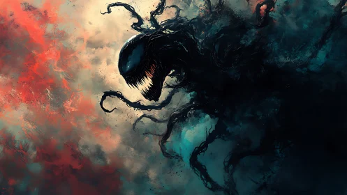 Dark alien creature with tendrils in abstract mist.