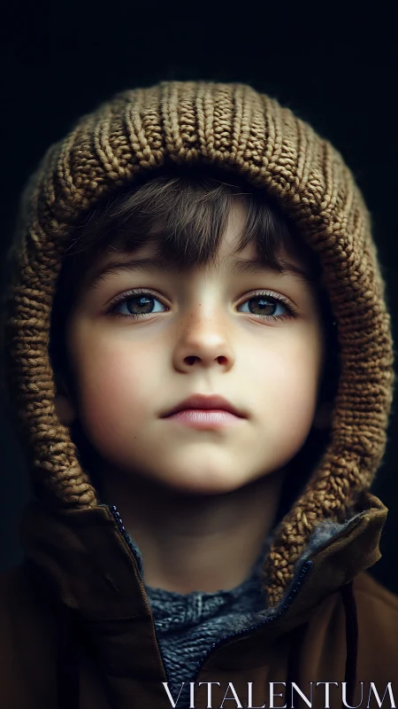 Young Child in Knit Hood Against Dark Background