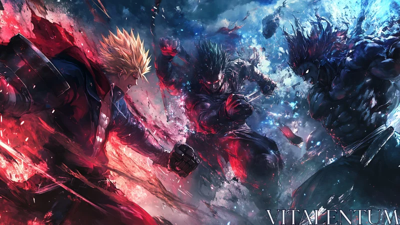 Triadic anime warriors collide amid red and blue energy fields