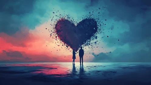 Two figures observe dispersing heart form against ocean horizon