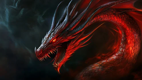 Infernal red dragon coils through smoke with blazing fury.